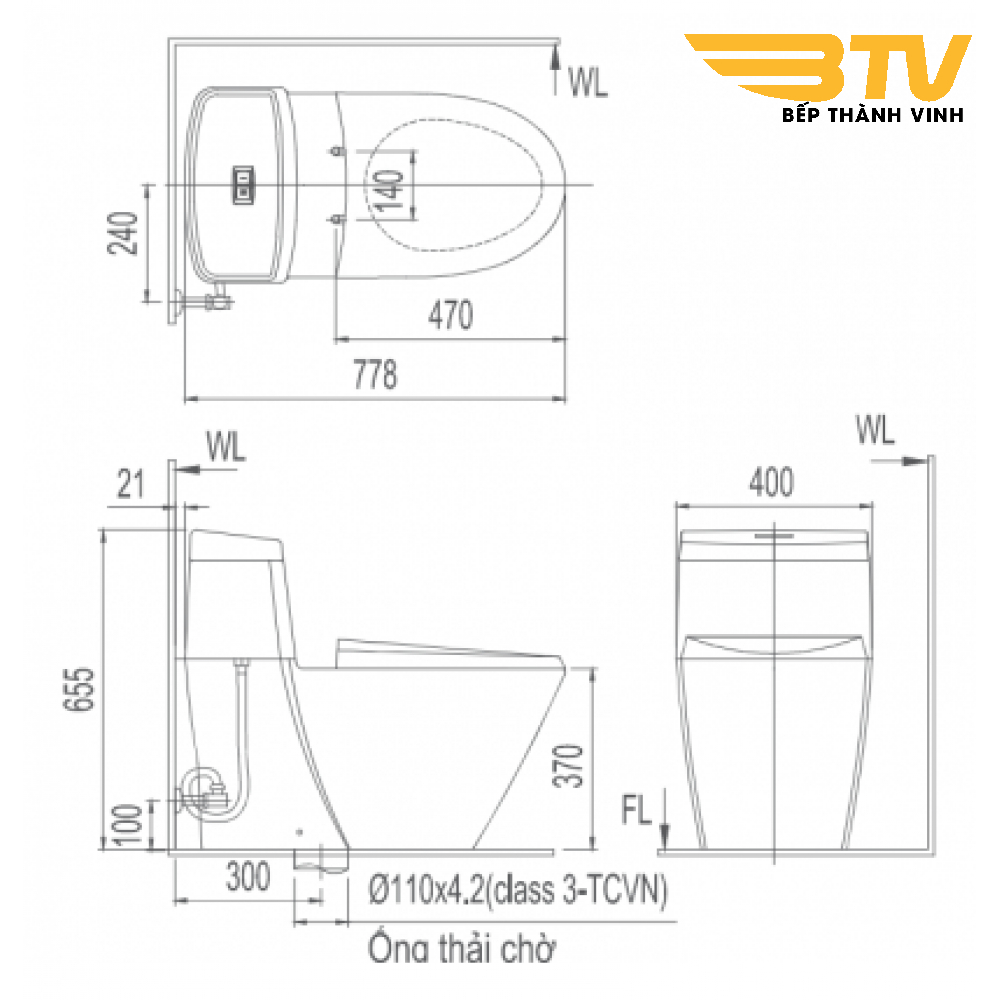 Bản vẽ bệt inax 909 nắp điện tử CW-KB2