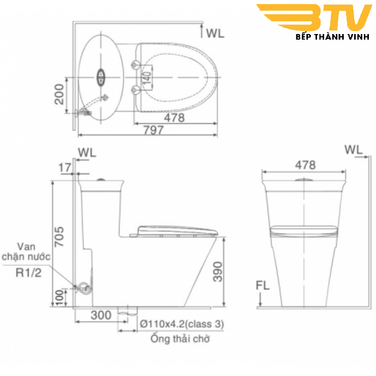 Bản vẽ bệ xí bệt Inax 3003 xả nhấn nắp rửa cơ