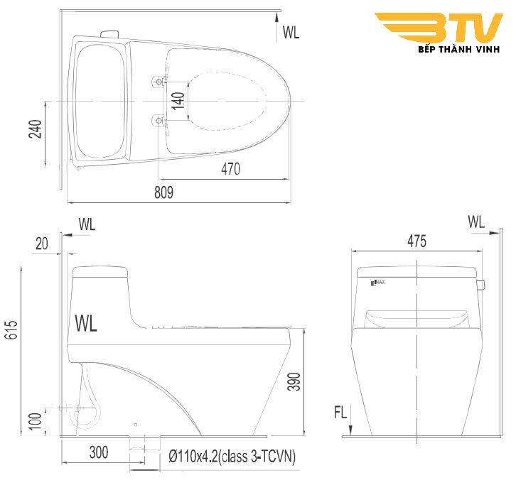 Bản vẽ bệt inax 1135 nắp điện tử CW-KA22