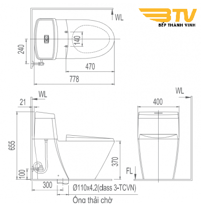 Bản vẽ bệt inax 918 nắp điện tử CW-KB22